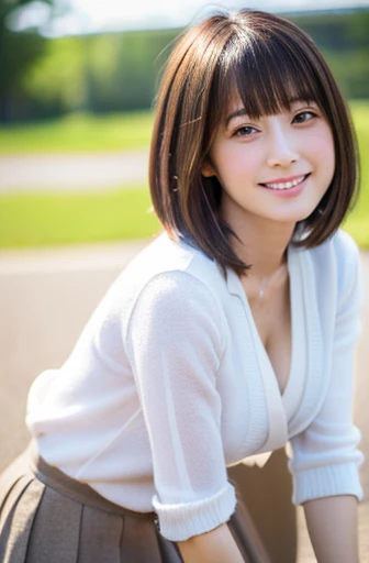 highest quality, soft light, ultra high resolution, (realistic:1.4), full_body,RAW photo, 1 japanese girl, alone, cute, (pupil, light in the eyes), detailed beautiful face,(High resolution details of human skin texture), (short hair), outdoor,skirt, (portrait),spring,big smile,sox,cleavage