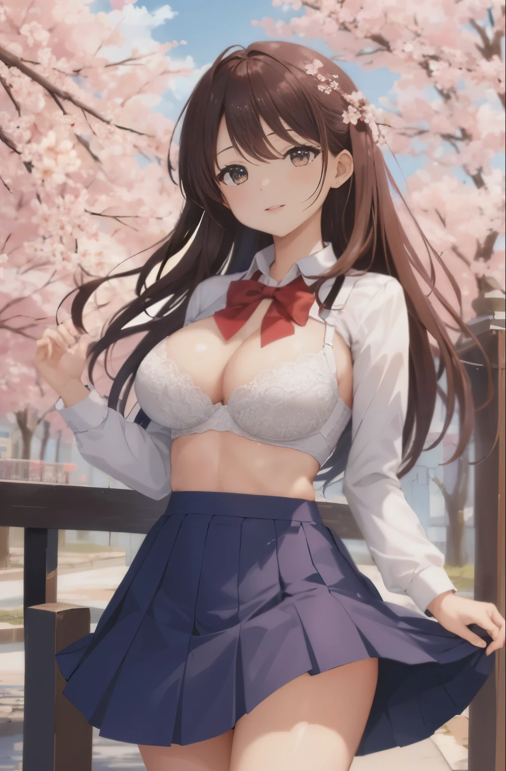 masterpiece, highest quality, High resolution, very detailed, detailed background, cinematic lighting, 1 girl, cute, medium breasts,skirt lift, public indecency, looking at the viewer, building, outdoor, cherry blossoms, Bokeh,(Shirt opens to reveal white detailed bra:1.5)、nsfw