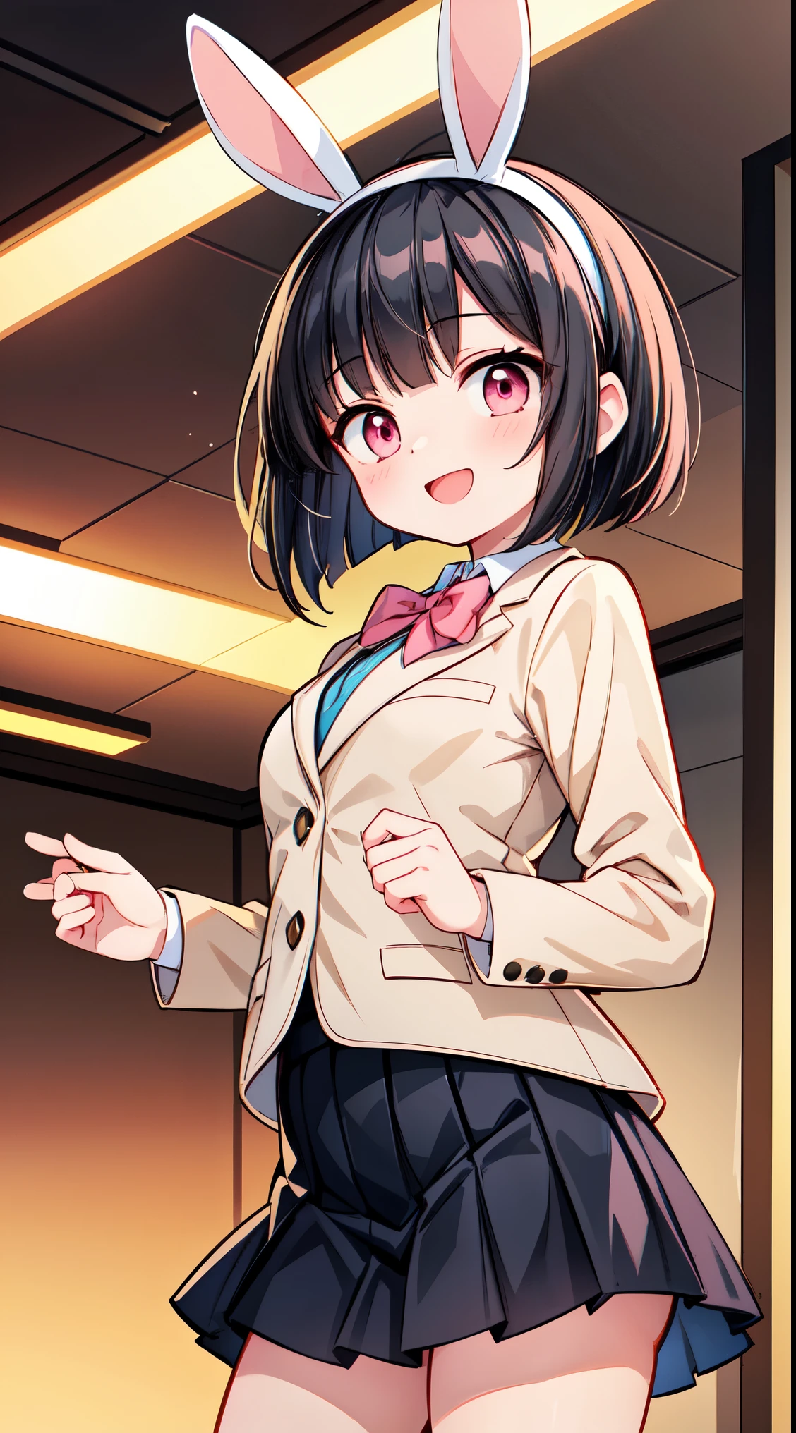 (super fine illustration:1.2),(masterpiece, 8k), (best quality, high quality:1.4), perfect anatomy, hyper detailed, ultra detailed,masterpiece background,beautiful detailed background, v8k wallpaper,perfect design,award-winning art,atmospheric,


BREAK,  1 beautiful horny girl,alone,(cute type:1.5),(Chibi:0.8),(cute type:1.5),(change:0.5),(horny girl, cute, full of energy, change face,slightly swollen chest),(black hair, messy short bob, story me, pink eyes:1.55 ),(full of energy, goofy smile, bad face:1.2),(white bunny ears headband:1.2), 
BREAK, school uniform, blazer style,
classroom, sunset sky, back lighting,
late, mid,


BREAK,wakame,wakame,wakame,(cowboy shot,from front :1.5) ,


BREAK,(Blurry background:1.3),(absurderes, hight resolution, Super Detail Art),cel shading,Clear Color, Lonely optical effect, Beautiful pictures, Bright glow, mystic atmosphere,(Close-up of girl:0.7), Mystical light particle effect,manga influence, clean line drawings, 
