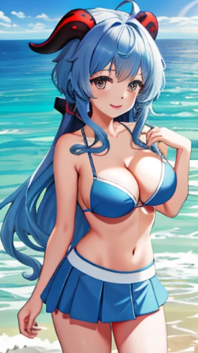 (highest quality,4K,8K,High resolution,masterpiece) ,Very cute , smiling , open chest, Light blue hair , miniskirt , very detailed , the background is the summer sea , bikini Swimsuit , ganyu,Horns