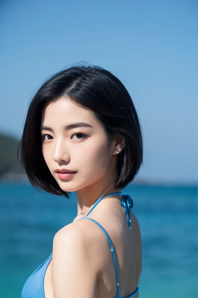 A beautiful woman who is slender but has a good sense of flesh.。has black hair、Eyebrows are well-groomed、Nose high、The face is sharp and has a soft expression。wearing a bright blue string bikini。
