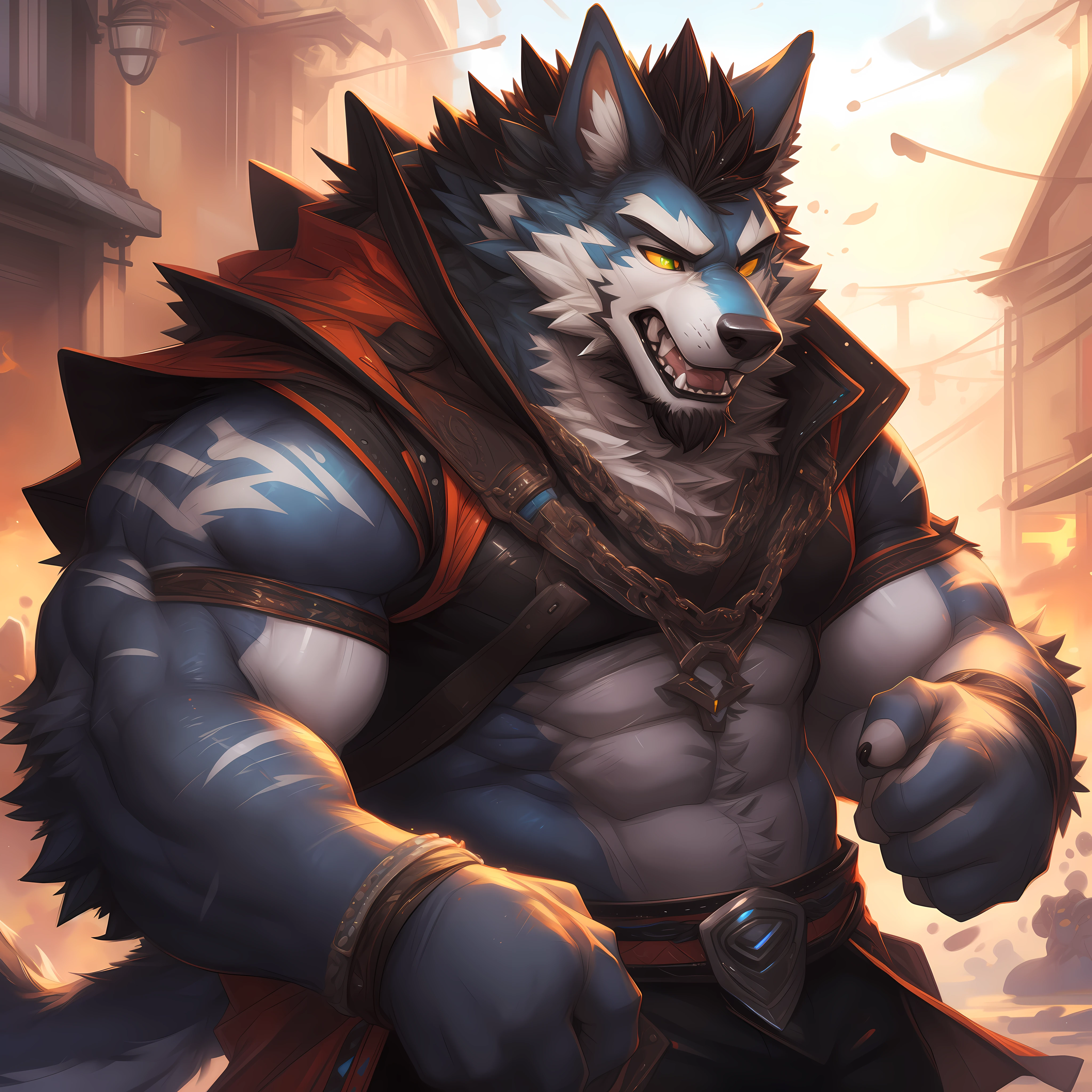 1 menino,Macho peludo,cabelo curto,volumoso muscles,volumoso,Pele Cinzenta,volumoso muscular,volumoso muscular male,lobo,middle aged lobo male,cabelo curto,anime intricado,Altamente detalhado, pintura digital, art station, arte conceitual, sharp focus, cinematic lighting, illustration, arte de artgerm e greg rutkowski, Afonso inteiro, sociedade cg, Olivia