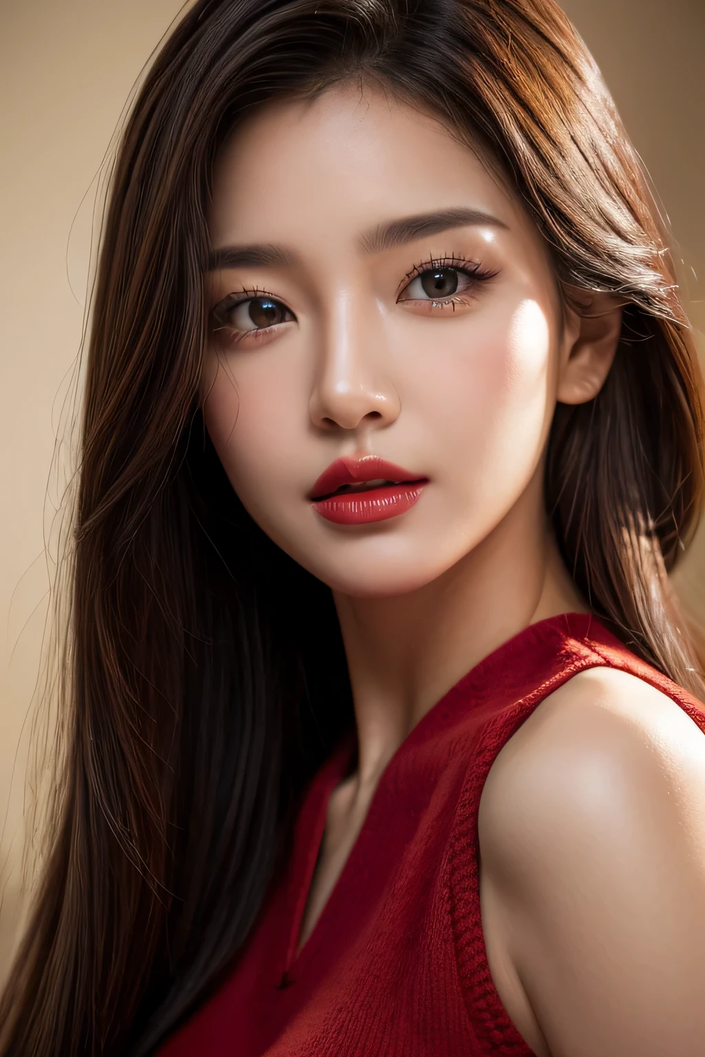 Detailed face of woman looking into camera, olhos azuis, warm thick red lips, boca separada com sensualidade, corrigir dedos deformados, fotorrealista, sharp eyes