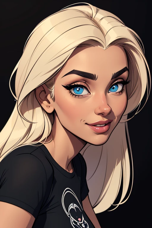 (cartoon style:1.2), Drawings of ([Indian Woman]), wearing black T-shirt, perfect eyes, detailed face, black background, fun posing, flirty look, Centered, scale to fit the dimensions