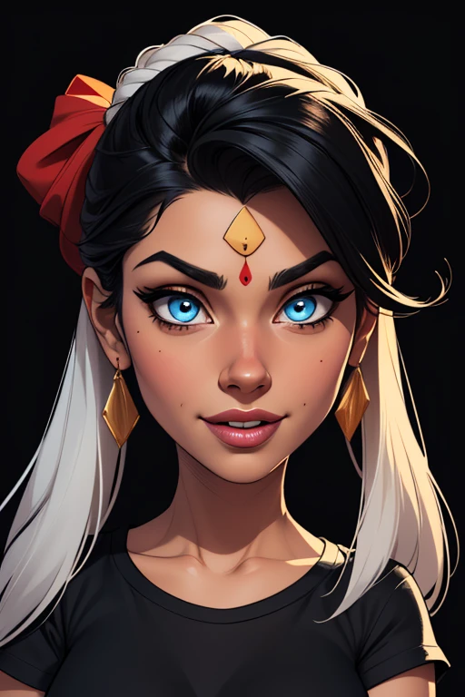 Realistic Photos, lip gloss, NSFW, drawing, Realistic, Best Quality, Super High Resolution, depth, Pastel color, Natural Shading, focus on face, Face only, looking at the scenes, 1girl, Dejah Thoris, topless, long hair, Black hair, Amber and well-detailed eyes, amber eyes, pale white skin, detailed wallpaper, looking into the camera, black background, calm look, elaborate jewelry in her hair