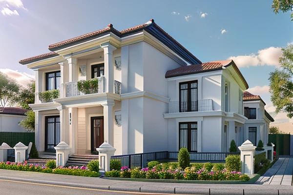 Modern townhouse, combining neoclassical style, street, car running in front of the house, (LoGo:1.5 not appearing), Modern Style, Extremely detailed image, masterpiece, surreal, rendered by vray 2023, 8k rendering, White walls, aluminum glass doors and windows, large yard covered with ceramic tiles, Natural light, cloudy, daytime a few clusters of beautiful small flower pots 8K