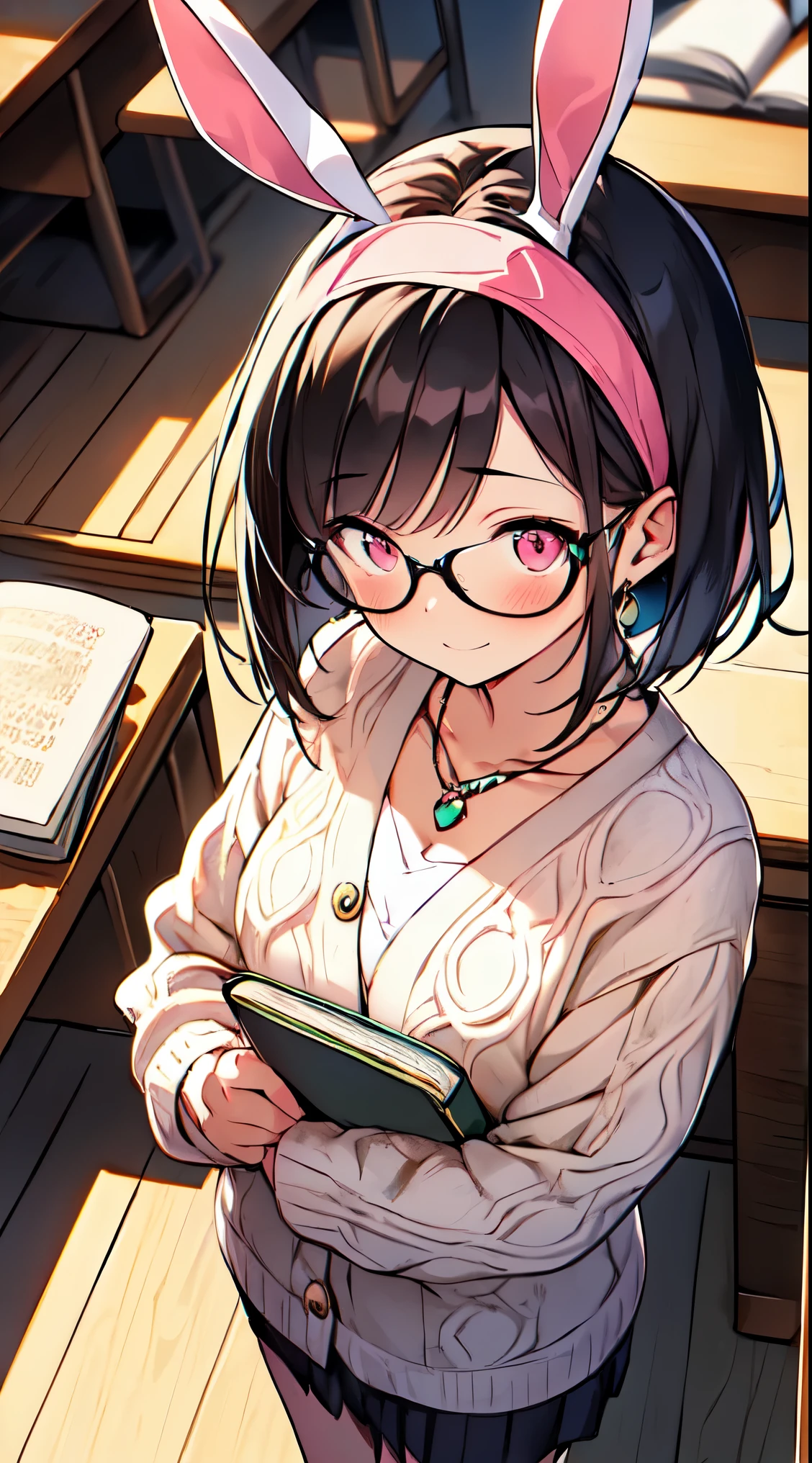 (super fine illustration:1.2),(masterpiece, 8k), (best quality, high quality:1.4), perfect anatomy, hyper detailed, ultra detailed,masterpiece background,beautiful detailed background, v8k wallpaper,perfect design,award-winning art,atmospheric,,
BREAK, 1 beautiful horny girl,alone,(cute type:1.5),(Chibi:0.8),(cute type:1.5),(change:0.5),(horny girl, cute, full of energy, change face,slightly swollen chest),(black hair, messy short bob, story me, pink eyes:1.55 ),(full of energy, goofy smile, bad face:1.2),(white bunny ears headband:1.2),
BREAK
//Fashion
Mystical Book Guardian,
Dress featuring prints of antique books or magical symbols,
Cozy, oversized cardigan in a complementary color,
Vintage-inspired accessories like brooches or cameo necklaces,
Heels with a design resembling a stack of magical books,
Tote bag with intricate book cover illustrations,
Glasses with a whimsical frame for a scholarly touch,
Hairpin shaped like a quill pen for a literary accent,
Antique-inspired jewelry such as ornate rings or bracelets,
Soft, natural makeup and a touch of whimsical eyeshadow,
BREAK
classroom, sunset sky, back lighting,
late, mid,
BREAK,wakame,wakame,wakame,(cowboy shot,from above:1.5)
BREAK,(Blurry background:1.3),(absurderes, hight resolution, Super Detail Art),cel shading,Clear Color, Lonely optical effect, Beautiful pictures, Bright glow, mystic atmosphere,(Close-up of girl:0.7), Mystical light particle effect,manga influence, clean line drawings,