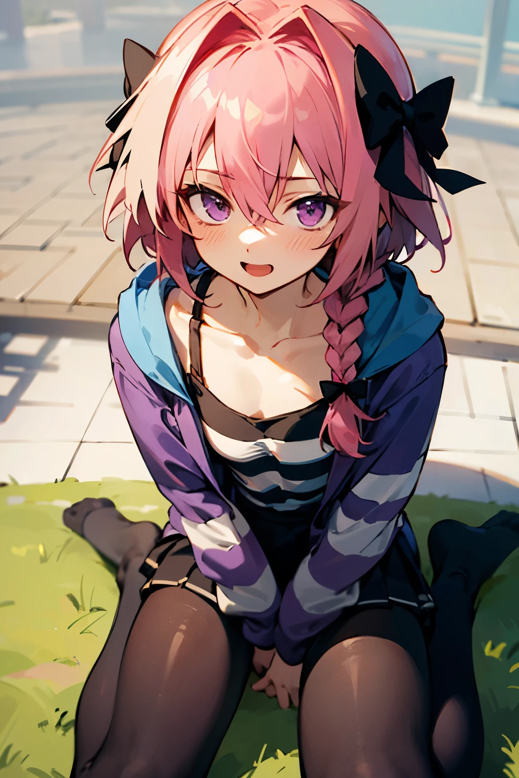 (masterpiece:1.2), ultra-detailed, illustration, absurdres, Astolfo, black skirt, long braid, braid, looking at viewer, purple eyes, hair between eyes, striped, collarbone, hooded jacket, hair bow, 1boy, open mouth, shirt, open clothes, outdoors, black bow, male focus, otoko no ko, solo, pink hair, sitting, miniskirt, single braid, jacket, long hair, long sleeves, black pantyhose, purple jacket, hair intakes, streaked hair, striped shirt, hair ribbon, wariza, from above, covering crotch, smile, blush, thick thighs, solo, dick out,