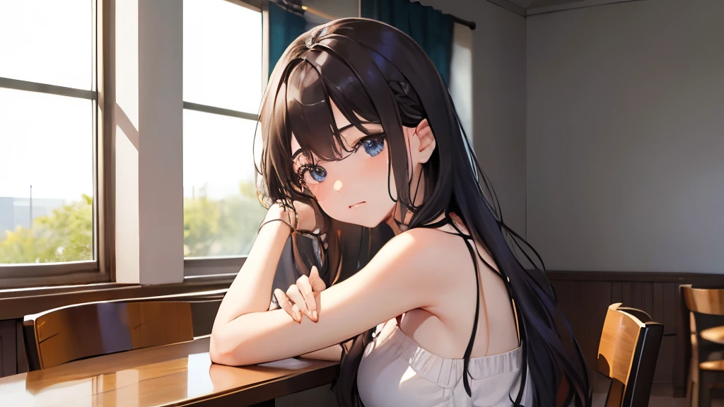 Sexy College Student、20-year-old、Hair is bronze、hair is long、so beautiful、beautiful、In summer clothes、Too exposed、eyes are black、sitting in the dining room、sad,Sad face