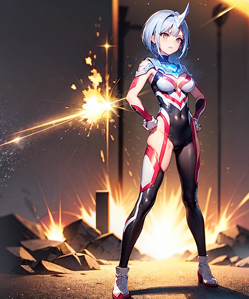 red haired woman,red hair,short bob,Braided hair,red eyes, (Ultra Girl :1.0), silver and red ultraman bodysuit,big breasts,Put your hands on your hips,fist,Turn your back to your audience,back view,butt
