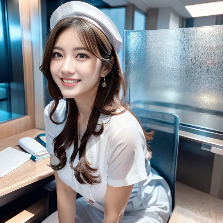 masterpiece, best quality, 1 Koreana girl with gray hair and blue eyes, wearing large, round, clear glasses, delicately sits at a desk in a hospital, gorgeous masterpiece of a nurse, beautifully detailed uniform, finely detailed uniform texture pokes through the transparent white fabric, intricately designed nurse hat, detailed lips curved into a gentle smile, shiny skin glowing under the soft hospital lights, golden stethoscope around her neck, detailed breast pockets filled with essentials, a compassionate and gentle expression on her face, ultra-fine description of every fiber and curve.