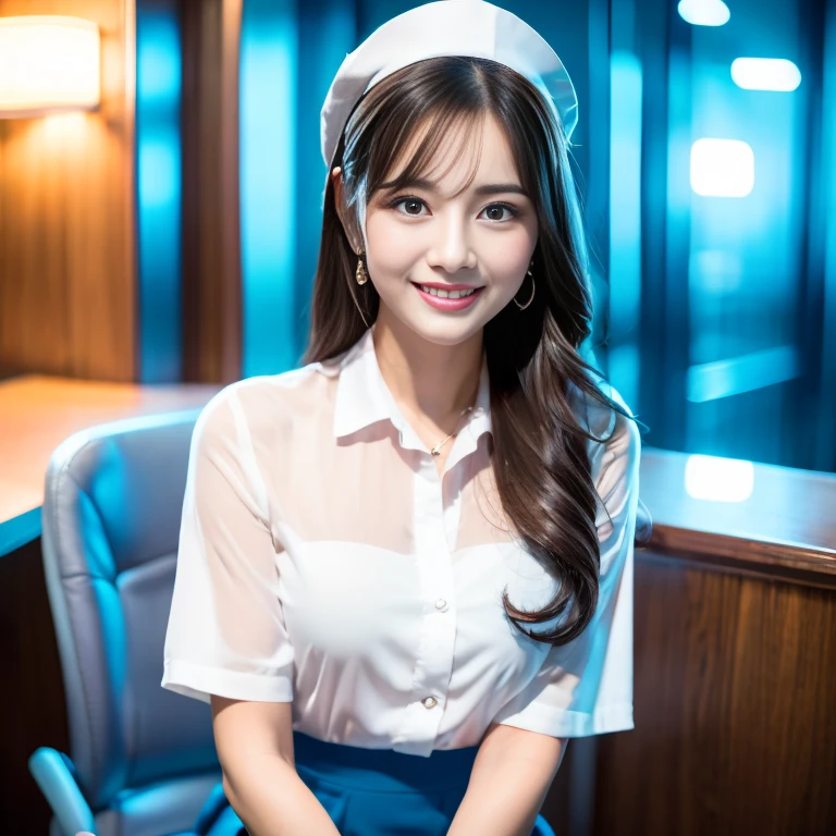 masterpiece, best quality, 1 Koreana girl with gray hair and blue eyes, wearing large, round, clear glasses, delicately sits at a desk in a hospital, gorgeous masterpiece of a nurse, beautifully detailed uniform, finely detailed uniform texture pokes through the transparent white fabric, intricately designed nurse hat, detailed lips curved into a gentle smile, shiny skin glowing under the soft hospital lights, golden stethoscope around her neck, detailed breast pockets filled with essentials, a compassionate and gentle expression on her face, ultra-fine description of every fiber and curve.