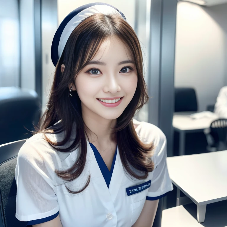 (best quality), ((8k, raw, masterpiece: 1.5)), ((professional photography, sharp: 1.2), ((half body photoshoot)), perfect dynamic composition, (natural sun light), (soft shadow), (1 girl), black medium curly hair, Ultra-detailed faces and skin, perfect Asian, gorgeous, White skin, (Delicate skin:1.4), (latex skin:0.4), (perfect glowing skin:0.3), (huge round breast: 1), light brown eyes, beautiful eyes, round eyes, pretty face, blush, glossy lips, plump lips, high nose bridge, glossy eyes, Really moist skin, (((huge smile))), looking at camera, (((wear dark blue nurse uniform)))