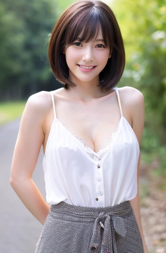 highest quality, soft light, ultra high resolution, (realistic:1.4), full_body,RAW photo, 1 japanese girl, alone, cute, (pupil, light in the eyes), detailed beautiful face,(High resolution details of human skin texture), (short hair), outdoor,skirt, (portrait),spring,big smile,sox,cleavage,small breasts