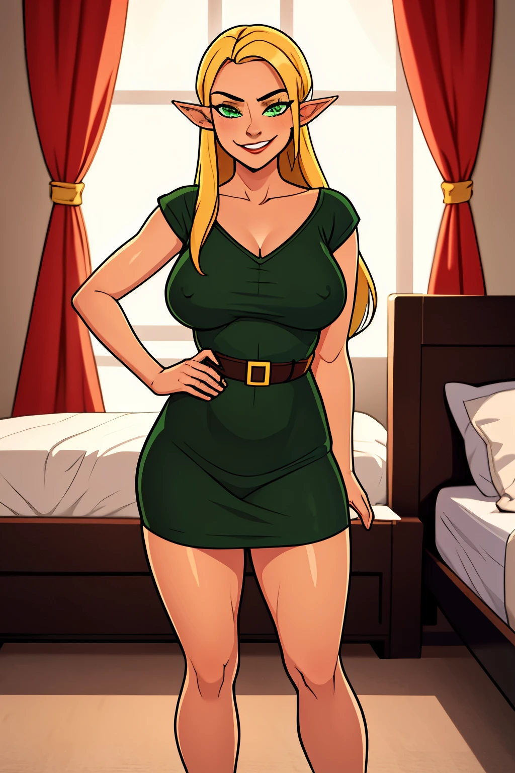 1girl, blond hair, long hair, bedroom, wearing a doll,green eyes,standing ,smirk,hand behind head,elf,large berates 