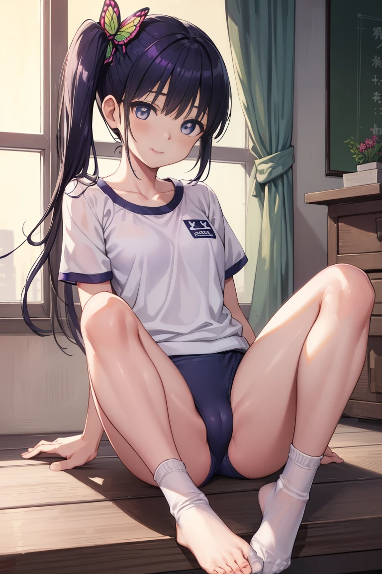Kanaotsu Yuri, Kanao Tsuyuri, black hair, butterfly, butterfly hair ornament, (purple eyes:1.1), side ponytail, ponytail,
(White short-sleeved gym clothes with navy blue cuffs)、(navy blue bloomers)、barefoot、dark blue socks、big smile、school building、
break looking at viewer,
break indoors, classroom,
break (masterpiece:1.2), highest quality, High resolution, unity 8k wallpaper, (figure:0.8), (beautiful and fine eyes:1.6), highly detailed face, perfect lighting, Very detailed CG, (perfect hands, perfect anatomy),