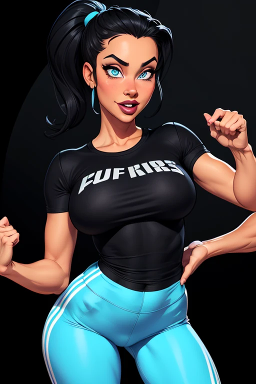 (cartoon style:1.2), Drawings of ([Sports Woman]), wearing black T-shirt, Tight Pants, perfect eyes, detailed face, black background, fun posing, flirty look, Centered, scale to fit the dimensions