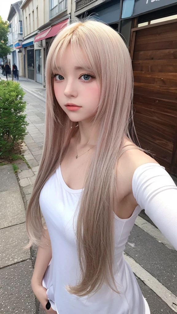 anime girl aux cheveux longs et haut blanc au coin de la rue, artwork in the style of Guweiz, Portrait réaliste kawaii, 🤤 portrait de fille, style artistique réaliste, [ Art numérique 4K ]!!, Style anime 3D réaliste, Guweiz, style animé. 8K, style artistique d&#39;anime réaliste, illustration numérique d&#39;anime, Fille coréenne, Art numérique mignon, joli portrait