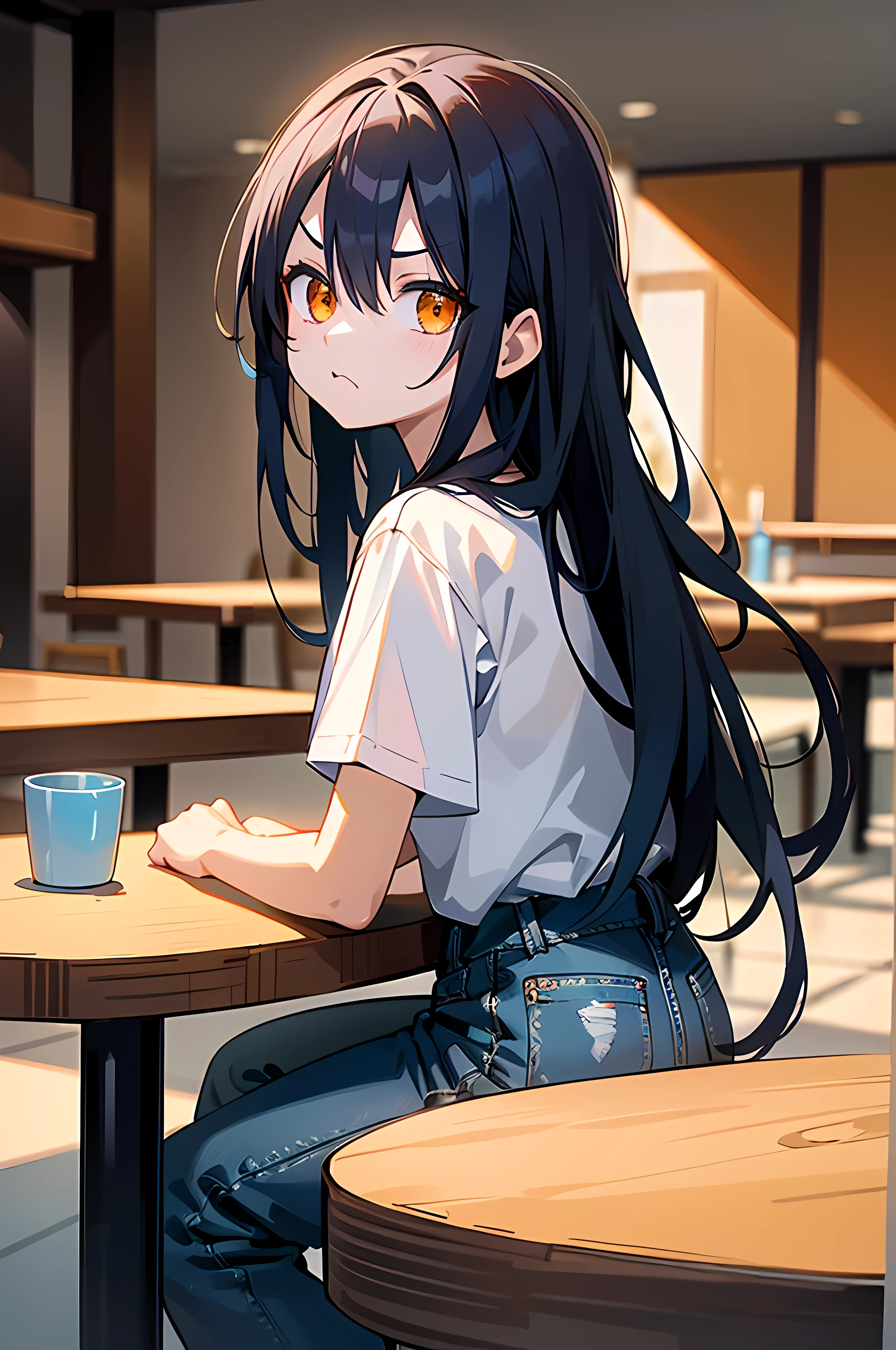 (8K Ultra High-Quality) (Masterpieces) (Image) (人物: Rimuru) 1 Girl 17years old, Long Black hair, Orange eyes colors, wearing White T-shirt, wearing Jean, background in restaurant, sitting at her table, angry cute face looking at viewer.