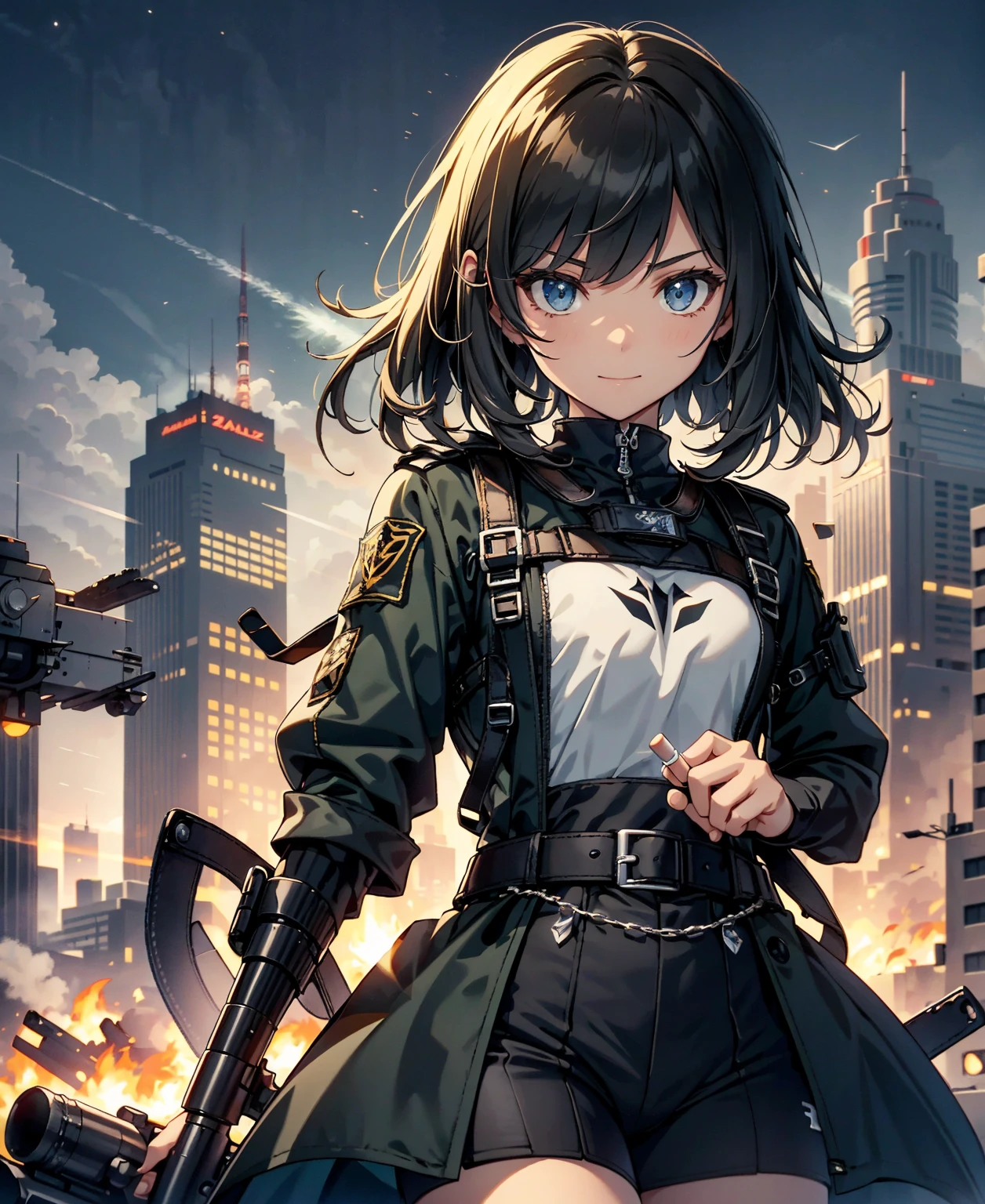 (highest quality，T Masterpiece，final solution，whole body):(20 year old female fighter，Slender、small face、Black Super Short Hair、Shiny black and navy blue tight combat uniform，dynamic angle、dynamic action、(dynamic pose:1.2)、Gentle smile、(Backpack:1.1))、(Time Machine、Computer、skyscraper gun、weapons of the future、Real World、Plankton rattle field、volumetric fog、gray fog、cigarette、 explosion、apocalyptic、destroyed city background、burning building:1.3、splash of water、starry ski、huge moon、Earth、destroyed giant robot、radio tower、airplane flying overhead、shooting star rocket truck、broken car、derailed train、tank、giant weapon、electronic equipment、Luminous mechanism)