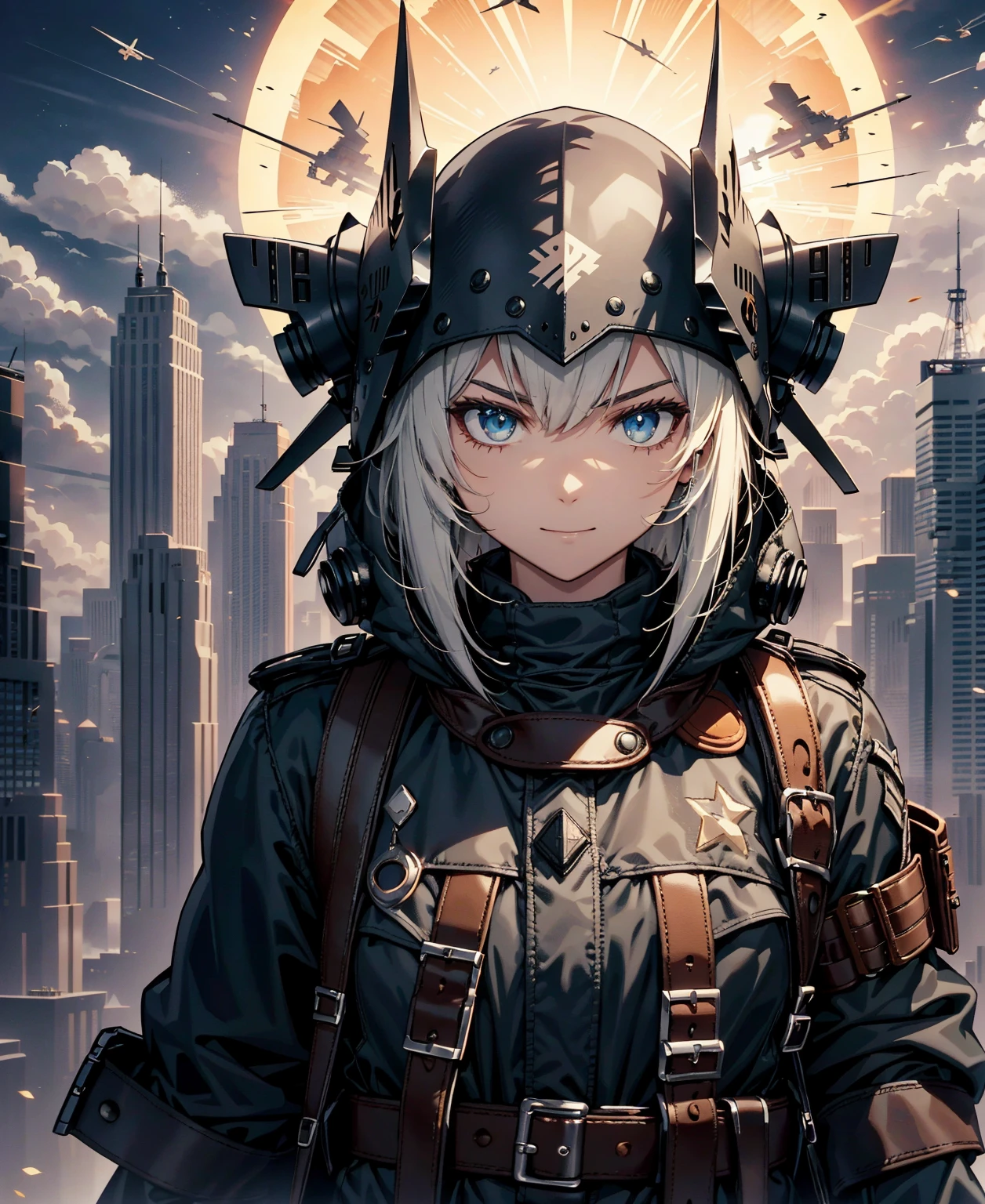 (highest quality，T Masterpiece，final solution，whole body):(20 year old female fighter，Slender、small face、Black Super Short Hair、Shiny black and navy blue tight combat uniform，dynamic angle、dynamic action、(dynamic pose:1.2)、Gentle smile、(Backpack:1.1))、(Time Machine、Computer、skyscraper gun、weapons of the future、Real World、Plankton rattle field、volumetric fog、gray fog、cigarette、 explosion、apocalyptic、destroyed city background、burning building:1.3、splash of water、starry ski、huge moon、Earth、destroyed giant robot、radio tower、airplane flying overhead、shooting star rocket truck、broken car、derailed train、tank、giant weapon、electronic equipment、Luminous mechanism)