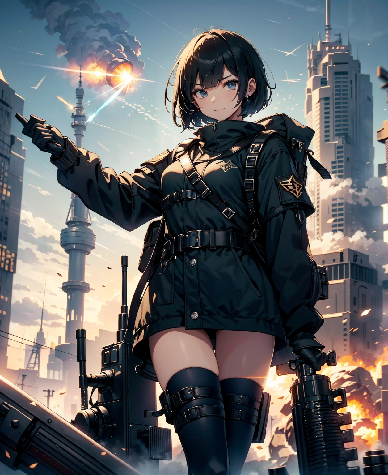 masterpiece, high quality, high detail, japanese anime illustration, a beautihul woman with light blue short hair, battle field, have a lightsaber, fighting aliens, in futurity city