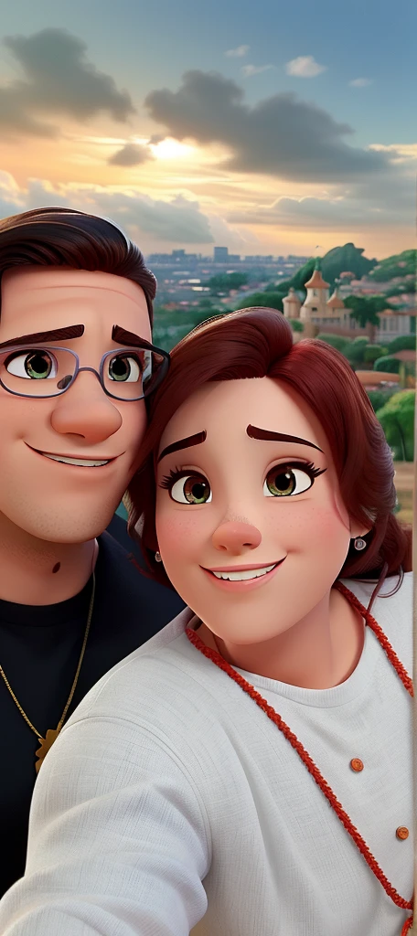 Casal (homem moreno e mulher branca) no estilo Disney Pixar, alta qualidade, melhor qualidade.