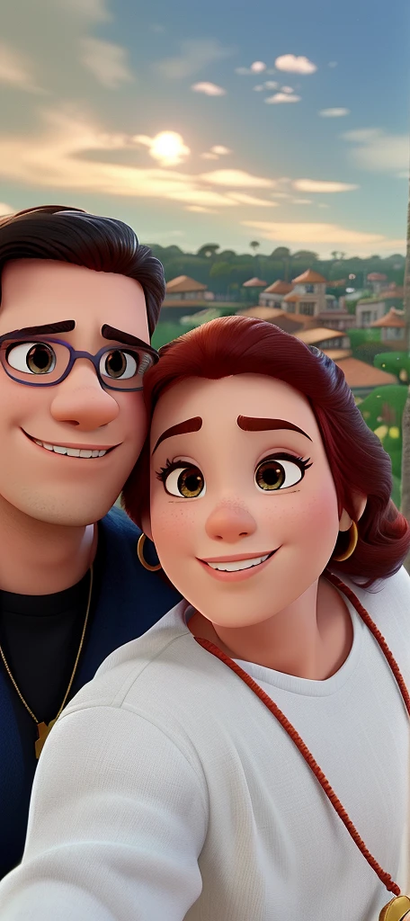 Casal (homem moreno e mulher branca) no estilo Disney Pixar, alta qualidade, melhor qualidade.