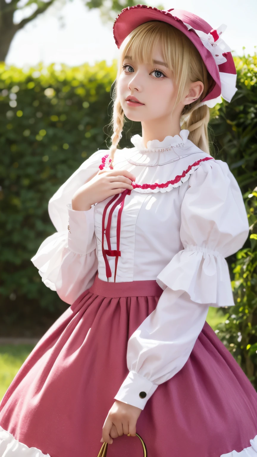 Russian, Girls Children , Portrait , Long blonde hair and bow，Layered skirt，Noble，opulent，cropped shoulders，Lace,red colour，Pink big breasts
