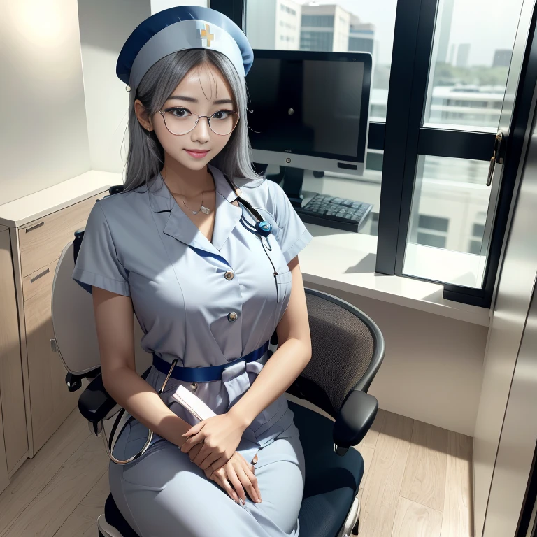 masterpiece, best quality, 1 Koreana girl with gray hair and blue eyes, wearing large, round, clear glasses, delicately sits at a desk in a hospital, gorgeous masterpiece of a nurse, beautifully detailed uniform, finely detailed uniform texture pokes through the transparent white fabric, intricately designed nurse hat, detailed lips curved into a gentle smile, shiny skin glowing under the soft hospital lights, golden stethoscope around her neck, detailed breast pockets filled with essentials, a compassionate and gentle expression on her face, ultra-fine description of every fiber and curve.