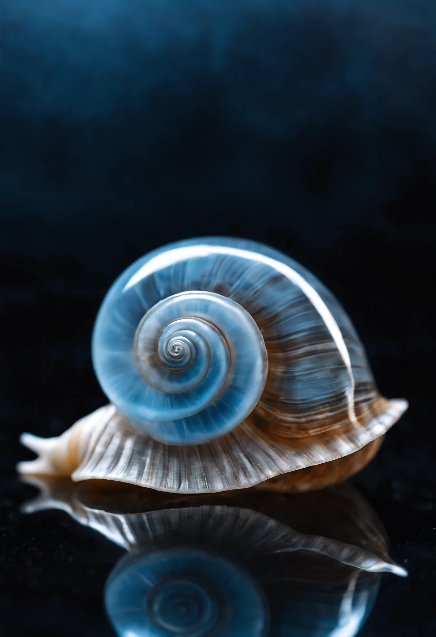 solo sea snail shell, transparent glassy texture, very light blue color touch, dark black back ground, Futurism, depth of field, masterpiece, high details, high quality, HD