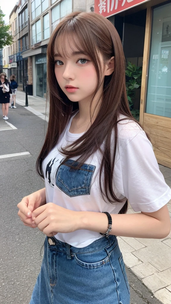  girl aux cheveux longs et haut blanc au coin de la rue, artwork in the style of Guweiz, Portrait réaliste kawaii, 🤤 portrait de fille, style artistique réaliste, [ Art numérique 4K ]!!, Style anime 3D réaliste, Guweiz, style animé. 8K, style artistique d&#39;anime réaliste, illustration numérique d&#39;anime, Fille coréenne, Art numérique mignon, joli portrait