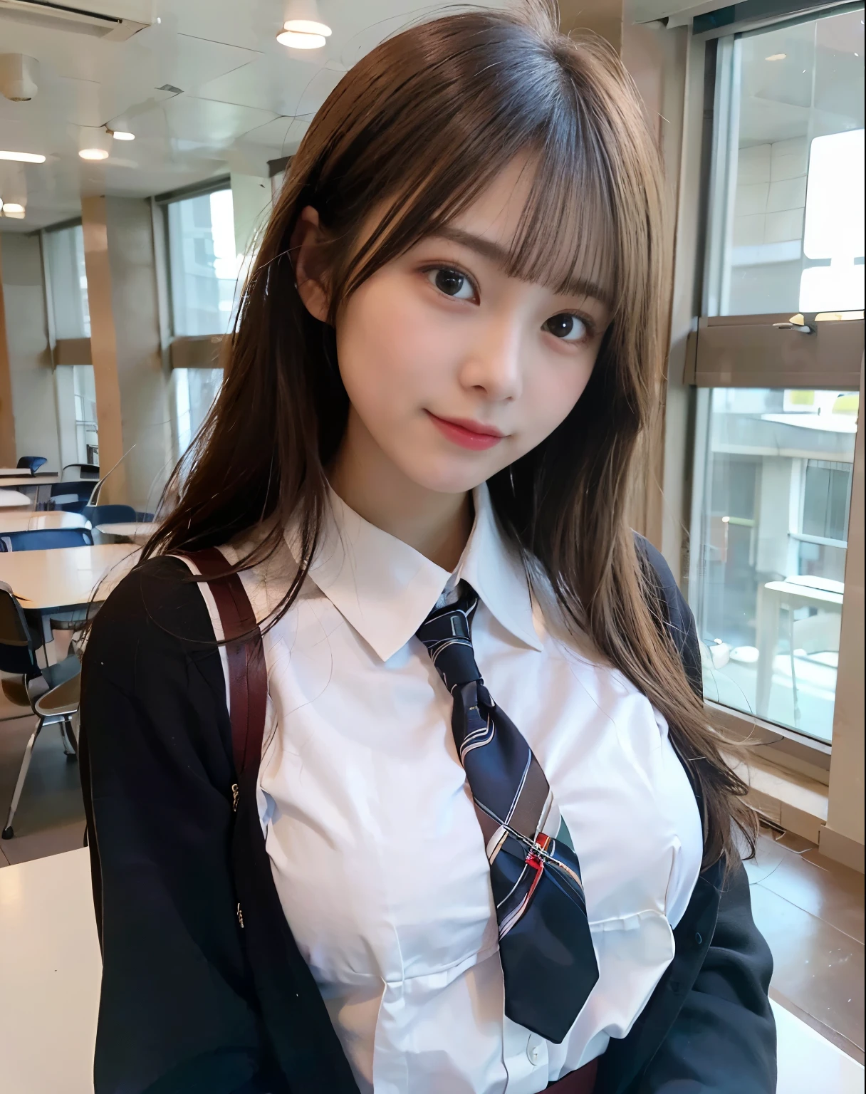 NSFW,((high school student,uniform)) ,((highest quality, 8K, table top )), (Full body Esbian), sharp focus , beautiful woman with perfect figure , thin abs , ((hair, 分けた前hair,big breasts )), (School), Highly detailed face and skin texture, fine eyes, double eyelid ,cute smile,perfect limbs,