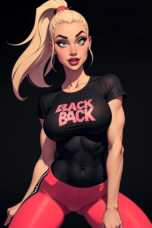 (cartoon style:1.2), Drawings of ([Sports Woman]), wearing black T-shirt, Tight Pants, perfect eyes, detailed face, black background, fun posing, flirty look, Centered, scale to fit the dimensions