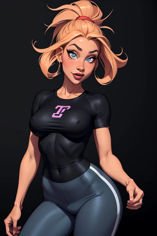 (cartoon style:1.2), Drawings of ([Sports Woman]), wearing black T-shirt, Tight Pants, perfect eyes, detailed face, black background, fun posing, flirty look, Centered, scale to fit the dimensions