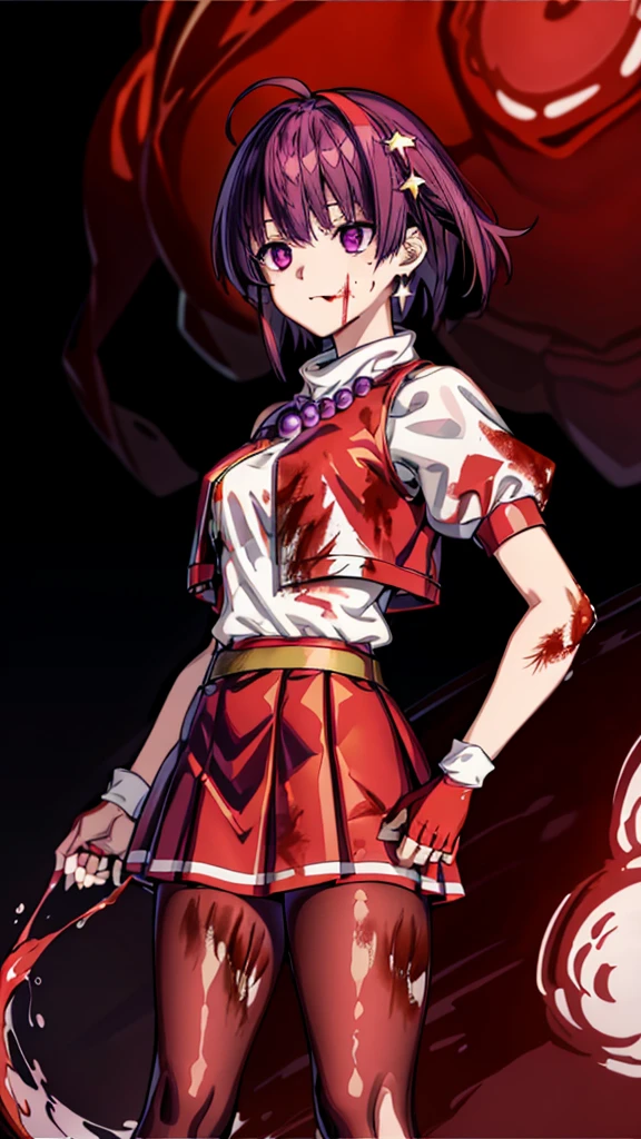 (masterpiece)、(highest quality)、(super detailed)、intricate details、athena 97、(1 girl)、solo、purple eyes、purple hair、hair length、white earrings、red hair band、star hair ornament、Medium breathing、red vest、white turtleneck、White Puff Sleeves、short sleeve、red pleated skirt、(Crimson pantyhose:1.2)、black pantyhose、yellow belt、purple spherical necklace、red fingerless gloves、white short socks、red shoes、evil smile、NSFW、In the ruins、anime style、(Blood on the face:1.6)、(combat readiness:1.6)、hypnorolla、
empty eyes、full body, looking at viewer,