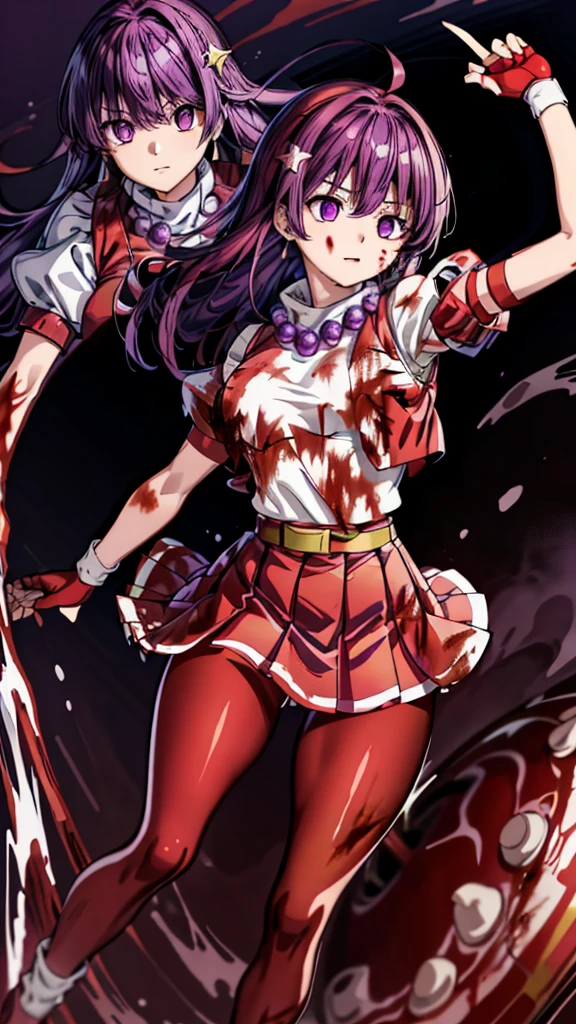 (masterpiece)、(highest quality)、(super detailed)、intricate details、athena 97、(1 girl)、solo、purple eyes、purple hair、hair length、white earrings、red hair band、star hair ornament、Medium breathing、red vest、white turtleneck、White Puff Sleeves、short sleeve、red pleated skirt、(Crimson pantyhose:1.2)、black pantyhose、yellow belt、purple spherical necklace、red fingerless gloves、white short socks、red shoes、evil smile、NSFW、In the ruins、anime style、(Blood on the face:1.6)、(combat readiness:1.6)、hypnorolla、
empty eyes、full body, looking at viewer,