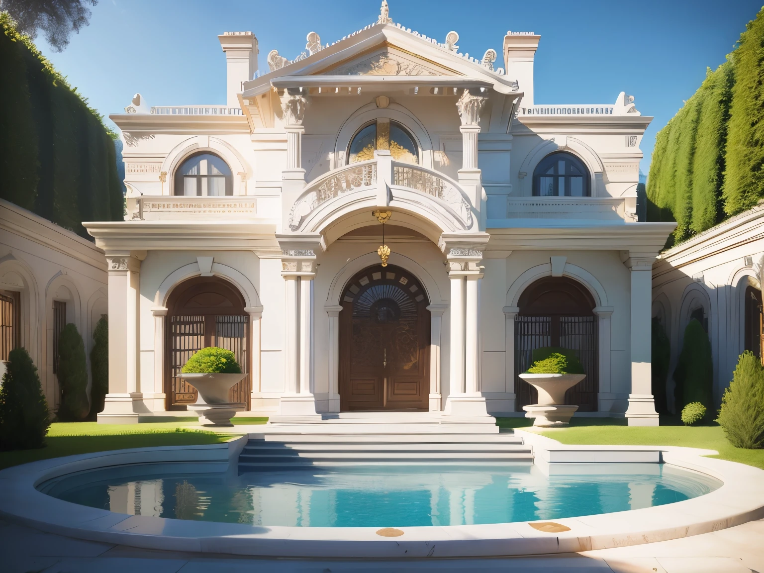 villa avec jardin, avec piscine, neoclassical style gardenClassic style, chef-d'artwork, surrealist, rendu par vray 2023, Avantage, rendu 8k, 16k, Ultra HD, patterned iron railing, wooden doors and windows, natural light, nuageux, day light, fence around the house, 16k