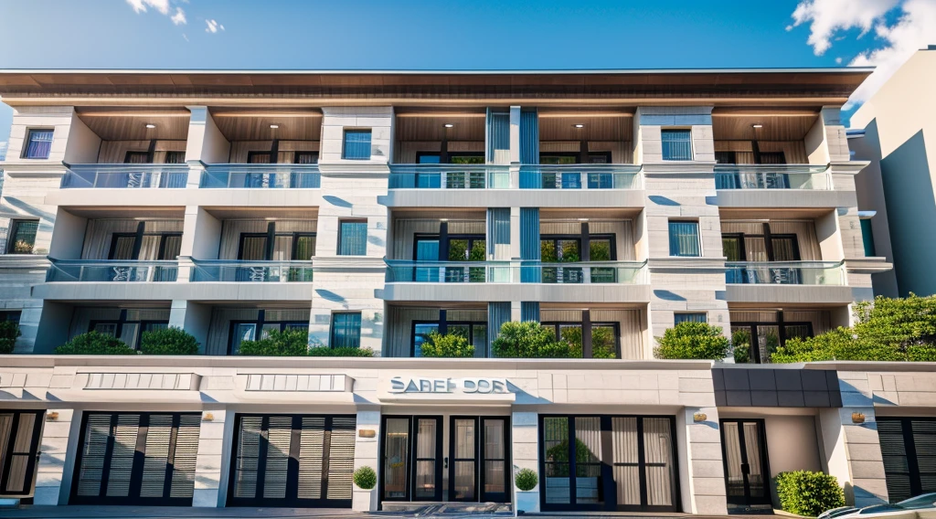 Modern townhouse, combining neoclassical style, street, car running in front of the house, (LoGo:1.5 not appearing), Modern Style, Extremely detailed image, masterpiece, surreal, rendered by vray 2023, 8k rendering, White walls, aluminum glass doors and windows, large yard covered with ceramic tiles, Natural light, cloudy, daytime a few clusters of beautiful small flower pots 8K