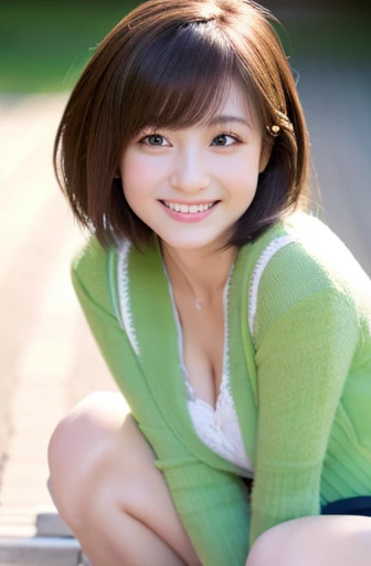 highest quality, soft light, ultra high resolution, (realistic:1.4), full_body,RAW photo, 1 japanese girl, alone, cute, (pupil, light in the eyes), detailed beautiful face,(High resolution details of human skin texture), (short hair), outdoor,skirt, (portrait),spring,big smile,sox,cleavage,a cup