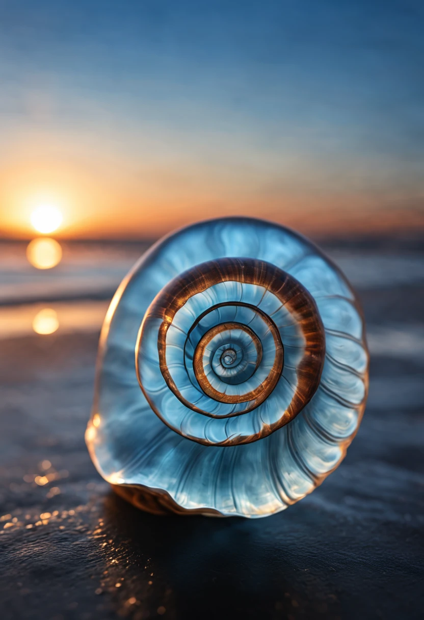 solo sea snail shell, transparent glassy texture, very light blue color touch, black background, Futurism, depth of field, masterpiece, high details, high quality, HD
