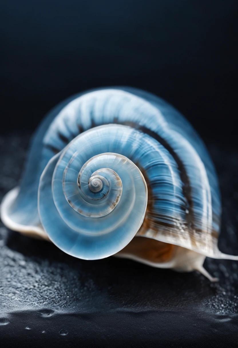 solo sea snail shell, transparent glassy texture, very light blue color touch, black background, Futurism, depth of field, masterpiece, high details, high quality, HD
