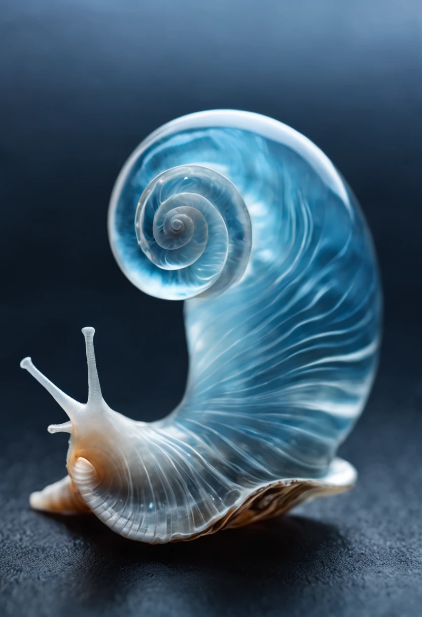 solo sea snail shell, transparent glassy texture, very light blue color touch, black background, Futurism, depth of field, masterpiece, high details, high quality, HD
