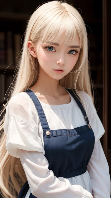 bright look、photorealism、highest quality、Super high resolution、picture、Photo of an exquisitely beautiful Scandinavian girl、extraordinary beautiful girl、cute and beautiful face details、(Pueros face_v1:0.008)、beautiful bangs、alice in wonderland、18-year-old、Shining white skin、hair run that extends to the face、bangs between the eyes、super long hair、Attractive light and dark platinum blonde super long straight silky hair、thin hair、Charming shining beautiful bright clear light blue big eyes、white apron、yellow dress、eyeliner、double eyelid、rich bust