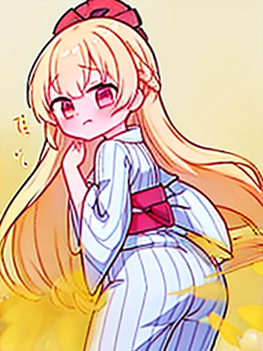 1 girl、Nodoka(Buruaca)、8K、must-have、anime、fart、shyness、blush、lots of yellow gas、Yellow gas comes out from the butt、animeチック、Are standing、Gray yukata、white obi、red eyes、long hair、Gentle Pose、blonde、Hold your stomach
