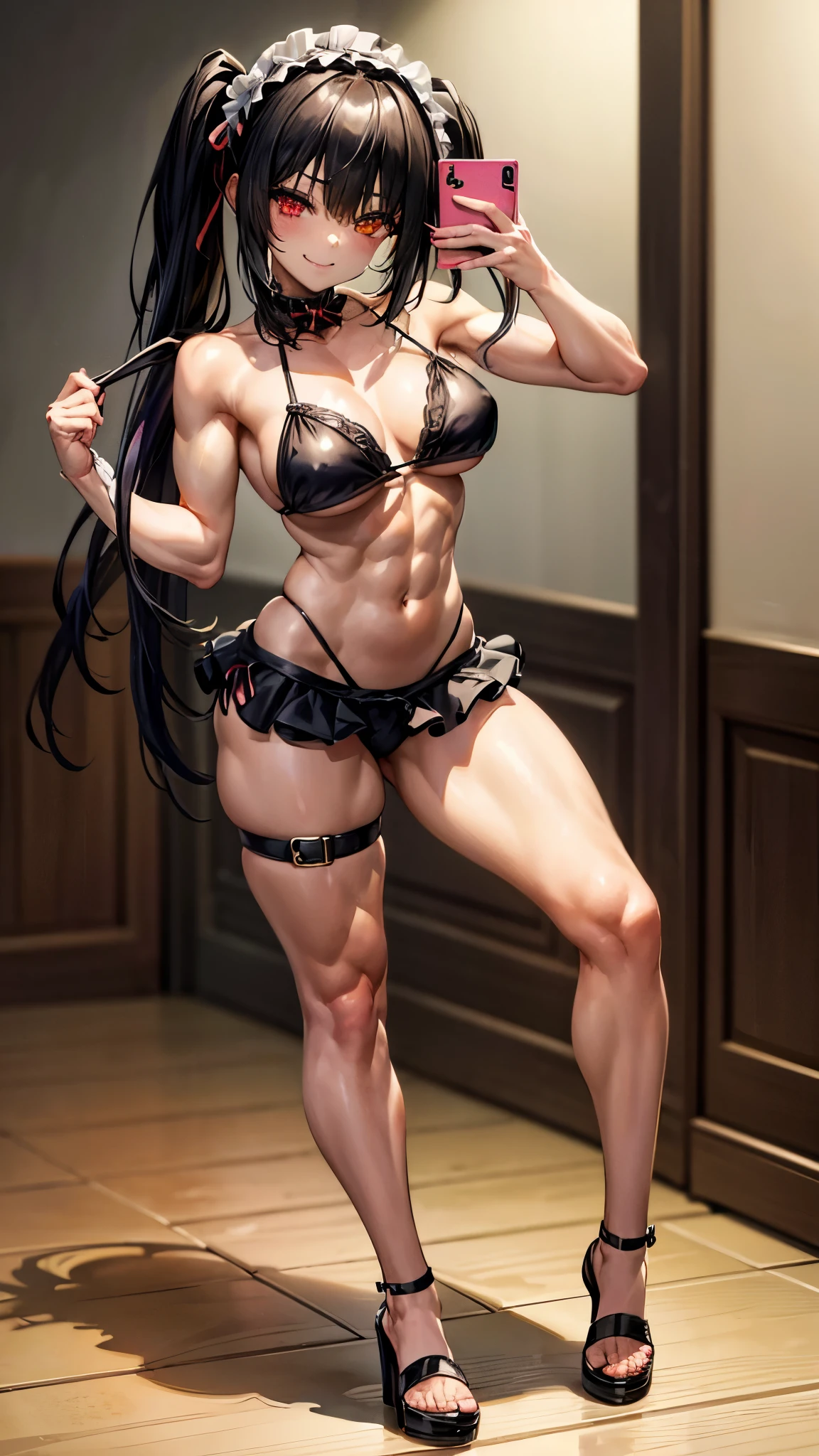 1 girl, Bare shoulders, Black hair, medium breasts, (muscular legs), bare legs, muscular belly, thin waist, (((clock eyes))), (wearing a very short and sexy bikini), (((looking up making selfie))), full body photo, hair bow, (standing), heterochromia, black high heel shoes, (making sexy pose for selfie), ta hair band, Long hair, looking at viewer , red eyes, smiling, Alone, symbol-shaped pupils, (Kurumi tokisaki), (twintails), yellow eyes,
