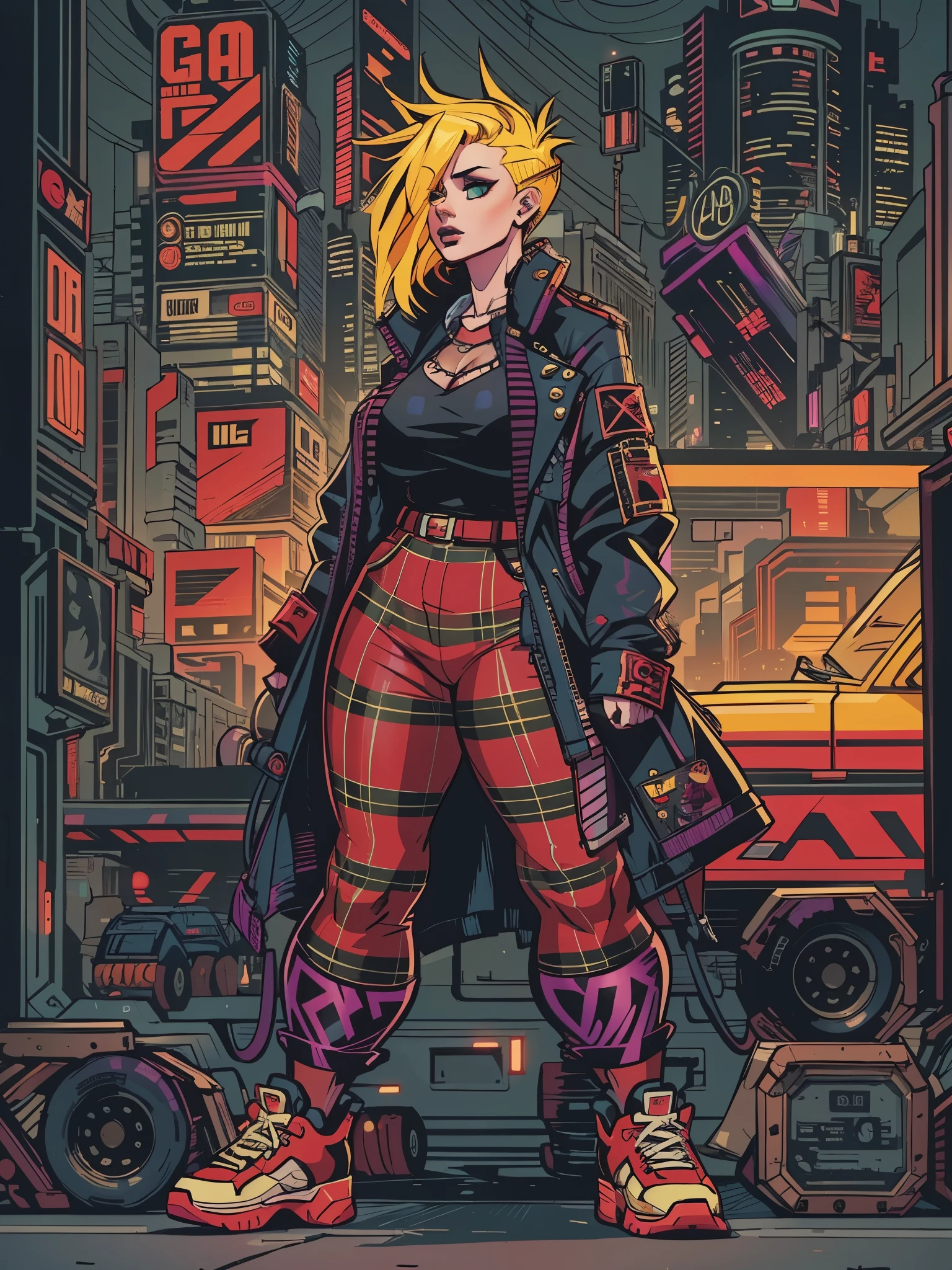 a woman with yellow hair wearing a black top and plaid pants, cyberpunk art, gothic art, aesthetic cute with flutter, toon aesthetic, wearing red attire, wearing gothic accessories, ((curvy body))