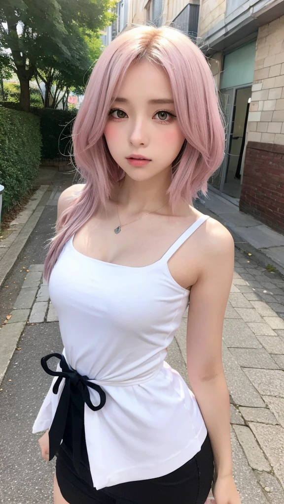 anime girl aux cheveux longs et haut blanc au coin de la rue, artwork in the style of Guweiz, Portrait réaliste kawaii, 🤤 portrait de fille, style artistique réaliste, [ Art numérique 4K ]!!, Style anime 3D réaliste, Guweiz, style animé. 8K, style artistique d&#39;anime réaliste, illustration numérique d&#39;anime, Fille coréenne, Art numérique mignon, joli portrait