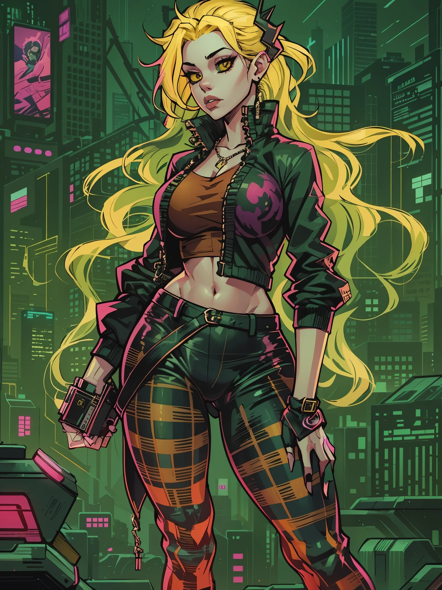 a woman with yellow hair wearing a black top and plaid pants, cyberpunk art, gothic art, aesthetic cute with flutter, toon aesthetic, wearing red attire, wearing gothic accessories, ((curvy body))