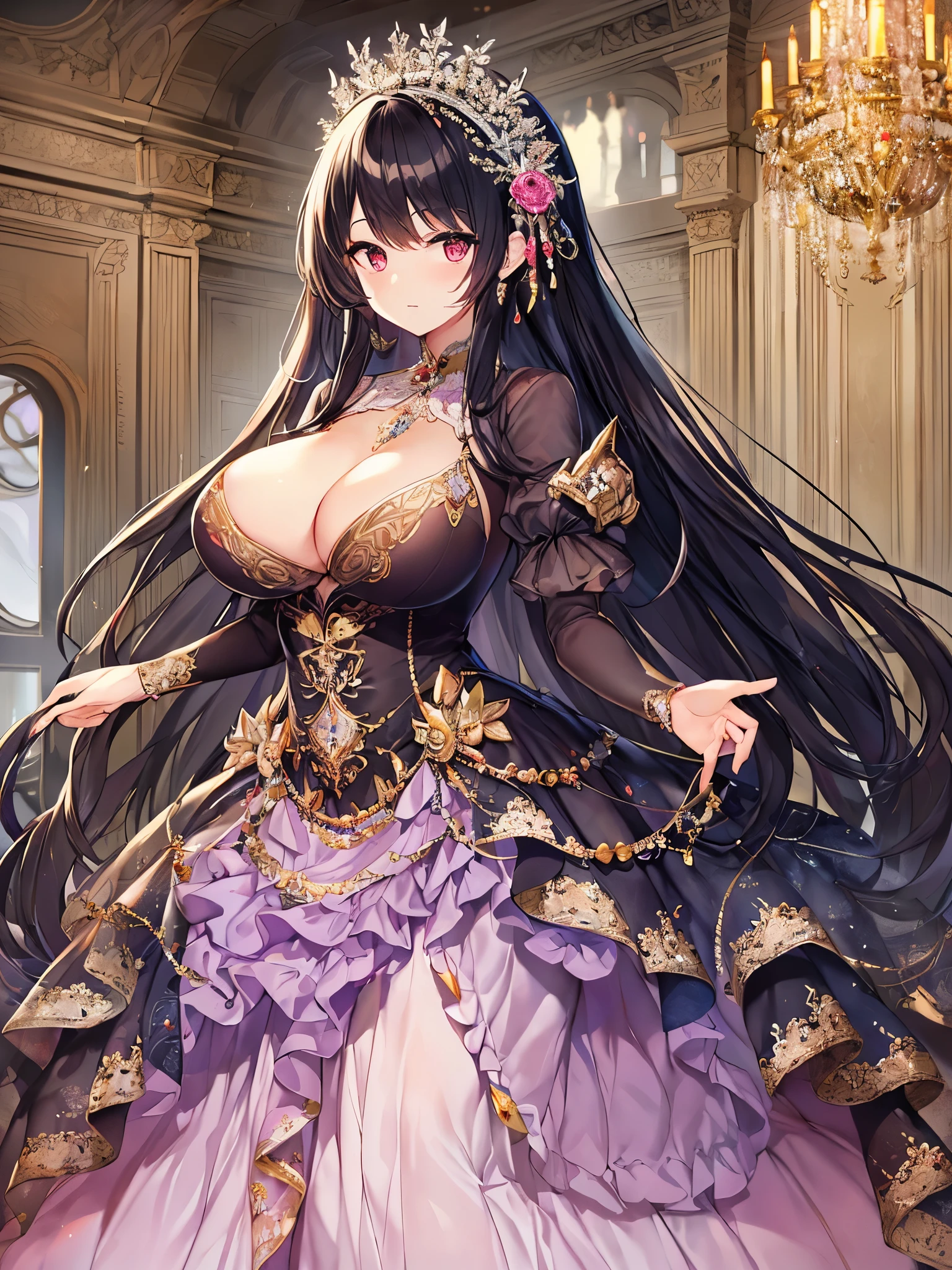 ((anime artstyle)),Masterpiece,Best Quality,Super Detail,((Very Delicate and Beautiful)),((Solo)),Standing,((full body)),((1 bling-bling princess in beautiful embroidery and jeweled gorgeous rococo ballgown with voluminous puffy hoop skirt)),detailed face and eyes,jewel-like eyes,(((very very gigantic tits,long tits,skindentation))),cleavage,((extremely voluminous straight Hair,Extremely Long Straight Hair)),((gorgeousfull embroidery and lace)),Gorgeous Gemstone Jewelry,gorgeous corsage,gorgeousfull hair ornament,gorgeousfull glitter jeweled tiara,((full body)),((crinoline,Long train)),luxury palace,Dynamic Angle,Looking at viewer,(((beautiful embroidery and jeweled gorgeous rococo ballgown with voluminous puffy hoop skirt))),full body